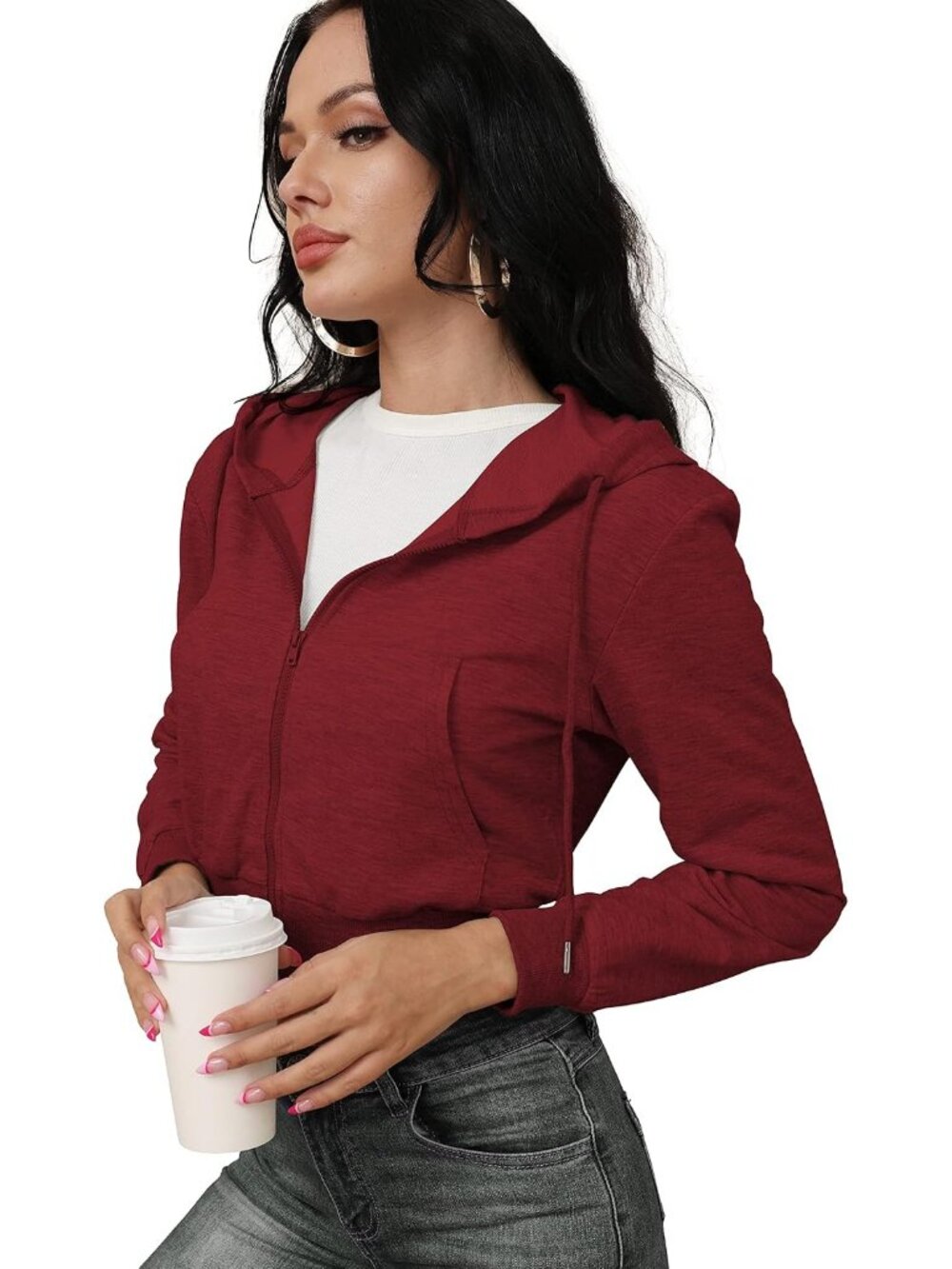 〽️Women's Red Cropped Zip Hoodie Long Sleeve Hooded Jacket Casual Sweatshirt